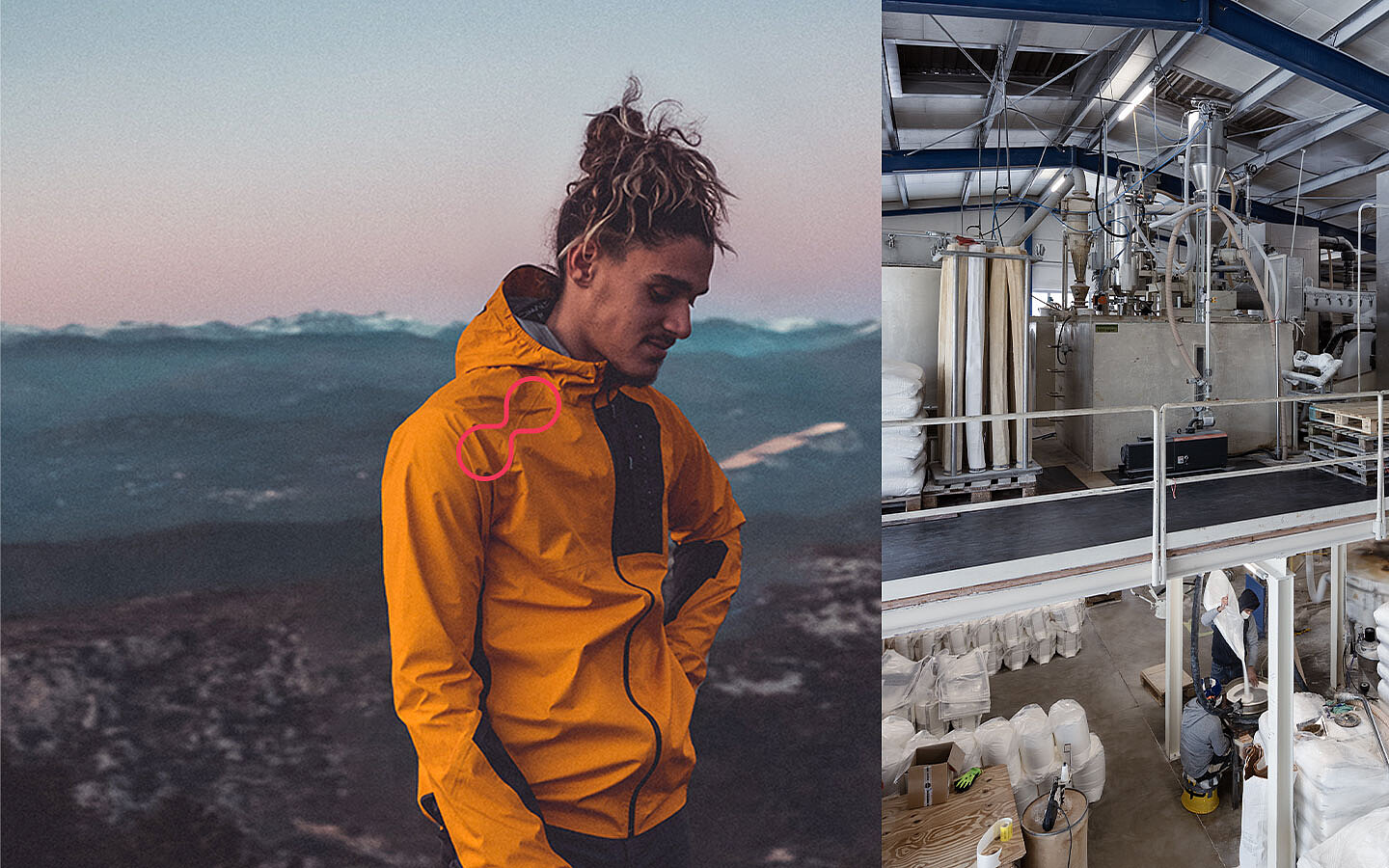 Ein Mann in gelber Outdoor-Jacke steht in den Bergen. Seine Jacke ist mit thermoplastischem Klebstoff verklebt. Neben ihm ein Einblick in die Produktion. | Abifor