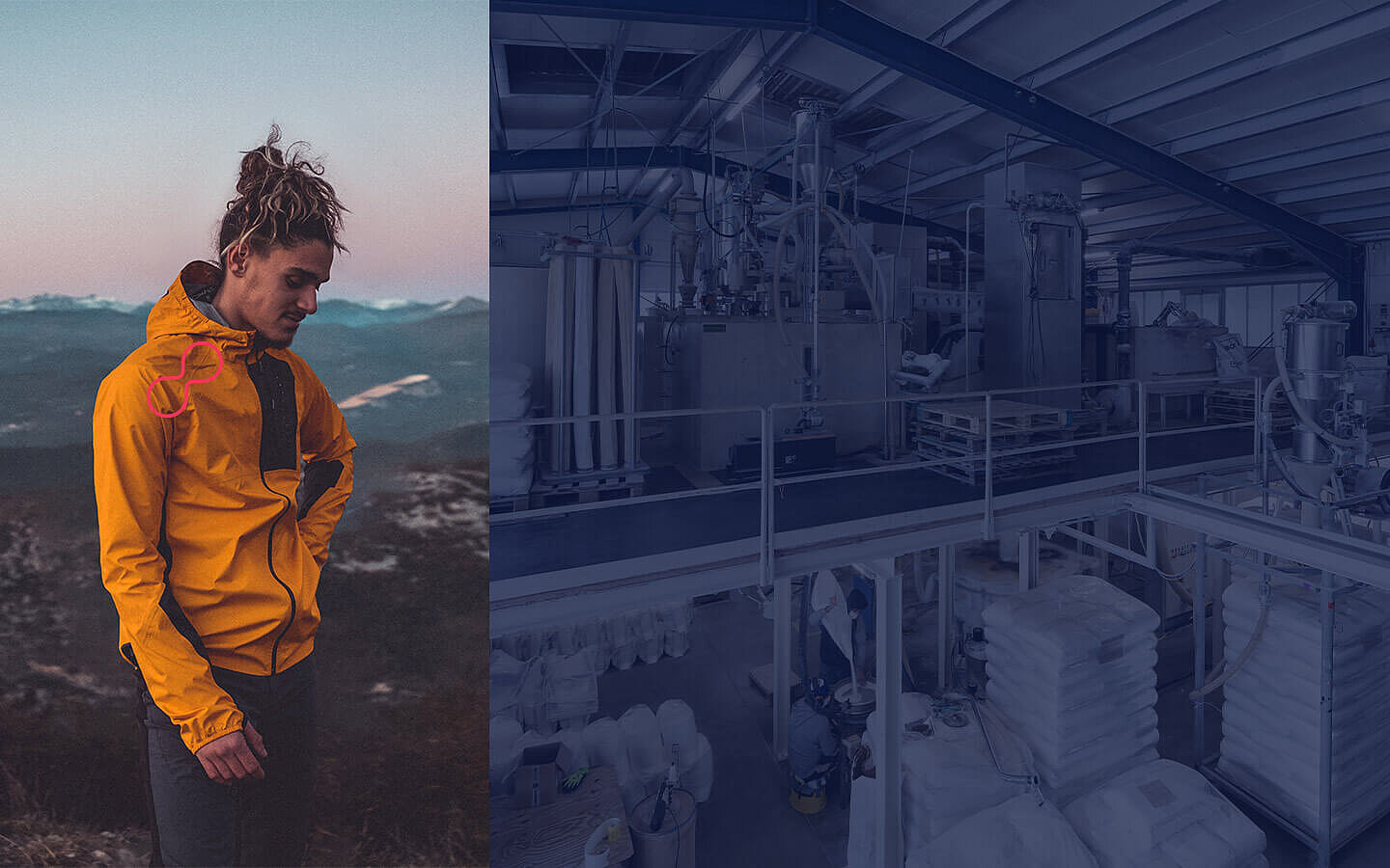 Ein Mann in gelber Outdoor-Jacke steht in den Bergen. Seine Jacke ist mit thermoplastischem Klebstoff verklebt. Neben ihm ein Einblick in die Produktion. | Abifor